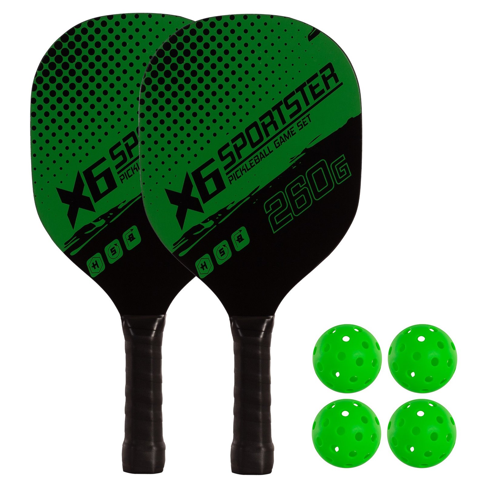 set de 2 palas pickleball madera con 4 pelotas verde